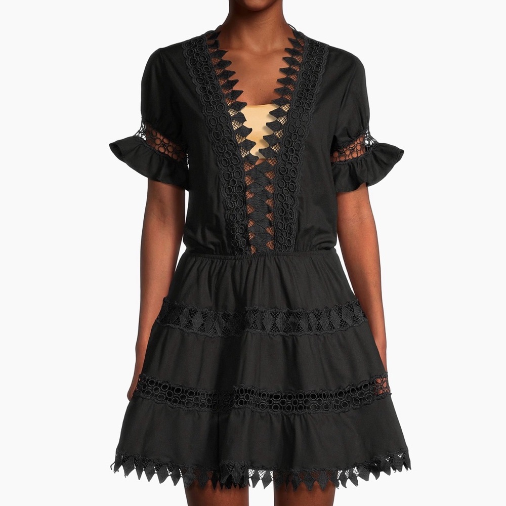 PEIXOTO x ANTHROPOLOGIE Ora Black Embroidered Lace-Trim Mini Dress SMALL